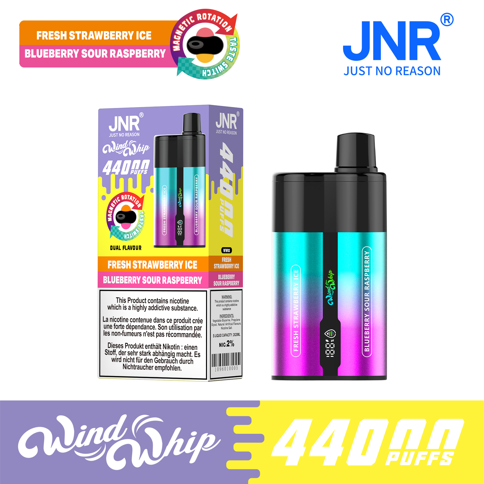 3.Fresh strawberry lce Blueberry sour raspberry Puff JNR - WindWhip - 44000 Puffs – Image 1